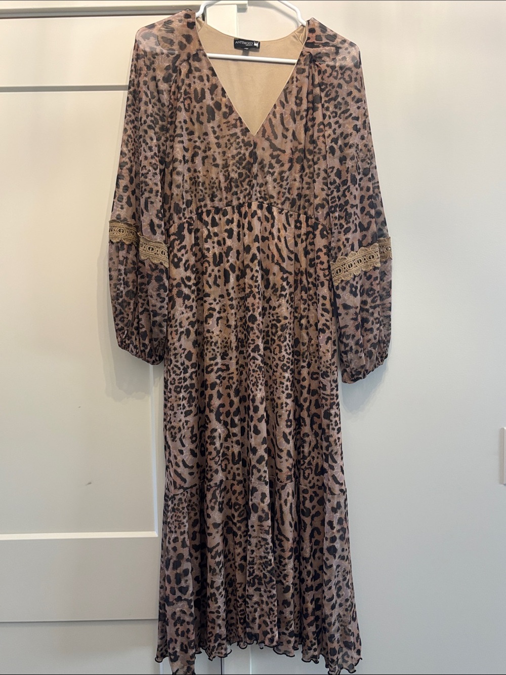 Antthony Brown Leopard Print Long Sleeve V-Neck Dress